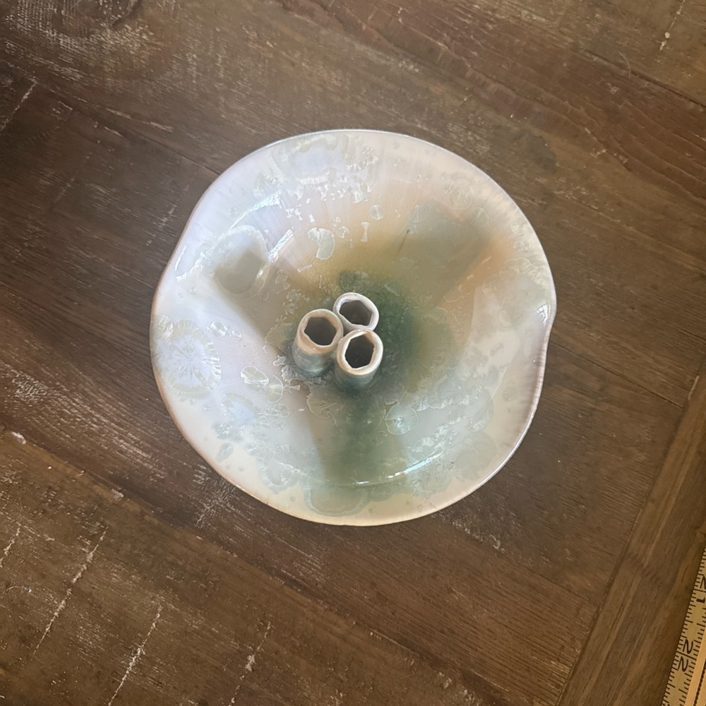 Handcrafted Kent Follette Pottery Ceramic Flower Frog Vase with Green Accent